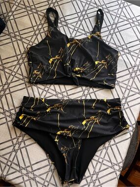 Zaful Black and Gold Marble High-Waist Bikini Set
